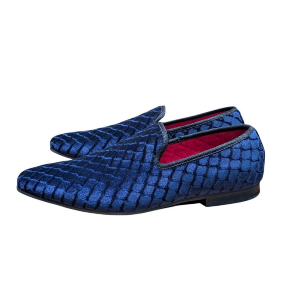 La Milano Trevor Men's 10.5 Blue Velvet Loafers Smoking Slippers Red Bottoms